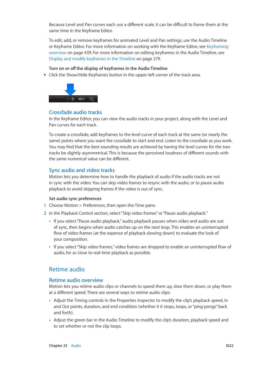 Crossfade audio tracks, Sync audio and video tracks, Retime audio | Retime audio overview, 1022 retime audio 1022 | Apple Motion 5.1.1 User Manual | Page 1022 / 1090