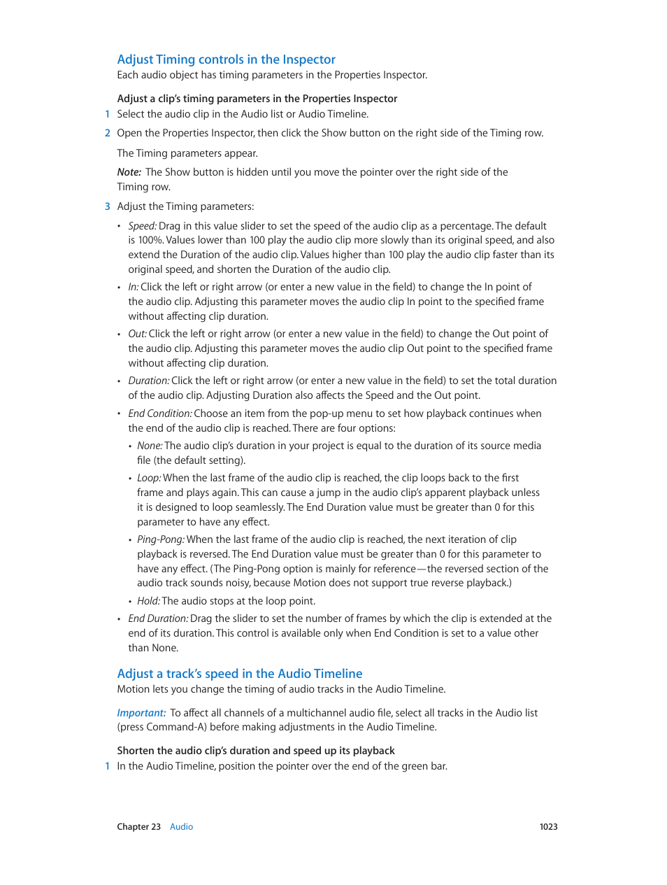 Adjust timing controls in the inspector, Adjust a track’s speed in the audio timeline | Apple Motion 5.1.1 User Manual | Page 1023 / 1090