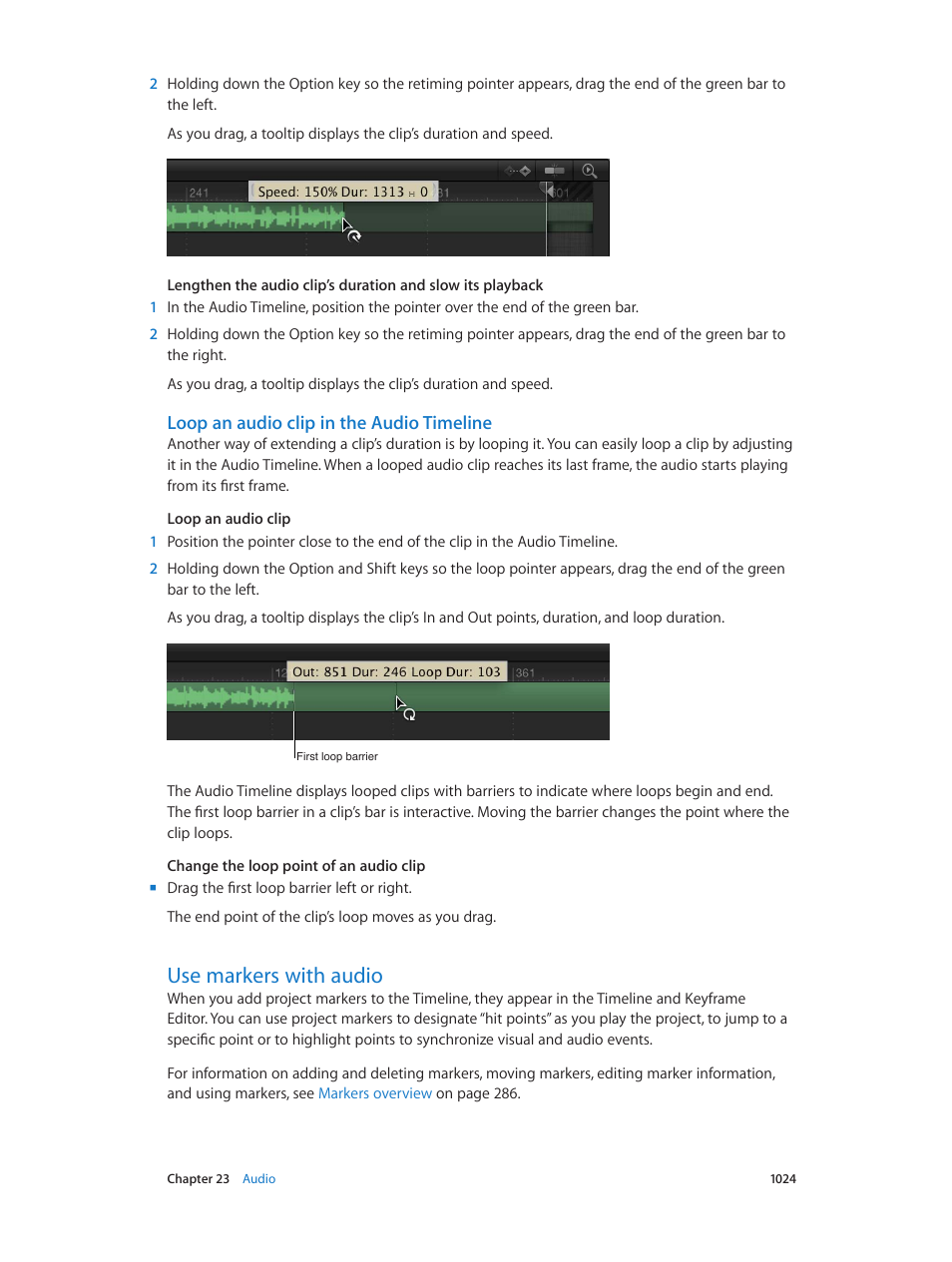 Loop an audio clip in the audio timeline, Use markers with audio, 1024 use markers with audio | Apple Motion 5.1.1 User Manual | Page 1024 / 1090