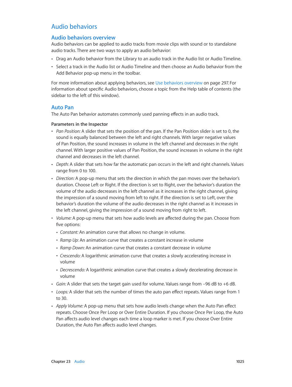 Audio behaviors, Audio behaviors overview, Auto pan | 1025 audio behaviors 1025, Overview | Apple Motion 5.1.1 User Manual | Page 1025 / 1090