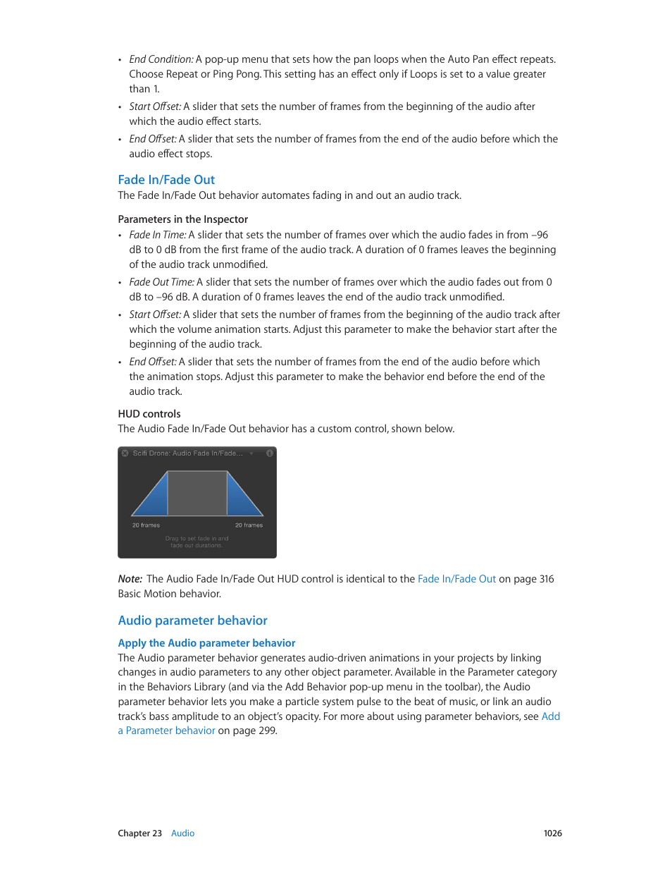 Fade in/fade out, Audio parameter behavior, Apply the audio | Parameter behavior | Apple Motion 5.1.1 User Manual | Page 1026 / 1090