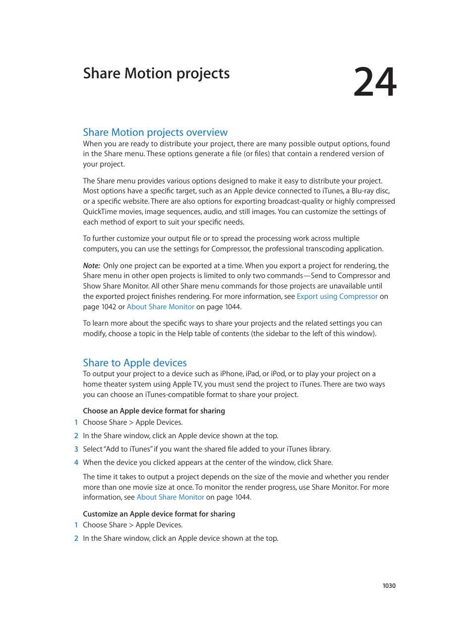 Chapter 24: share motion projects, Share motion projects overview, Share to apple devices | Share motion projects | Apple Motion 5.1.1 User Manual | Page 1030 / 1090