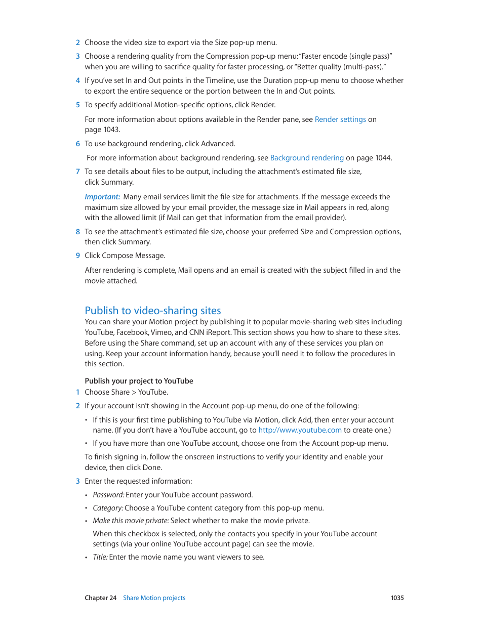 Publish to video-sharing sites, 1035 publish to video-sharing sites | Apple Motion 5.1.1 User Manual | Page 1035 / 1090