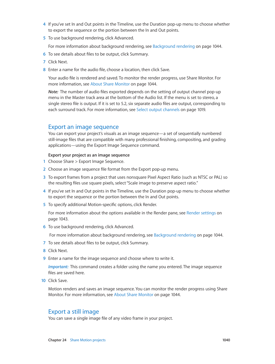 Export an image sequence, Export a still image | Apple Motion 5.1.1 User Manual | Page 1040 / 1090