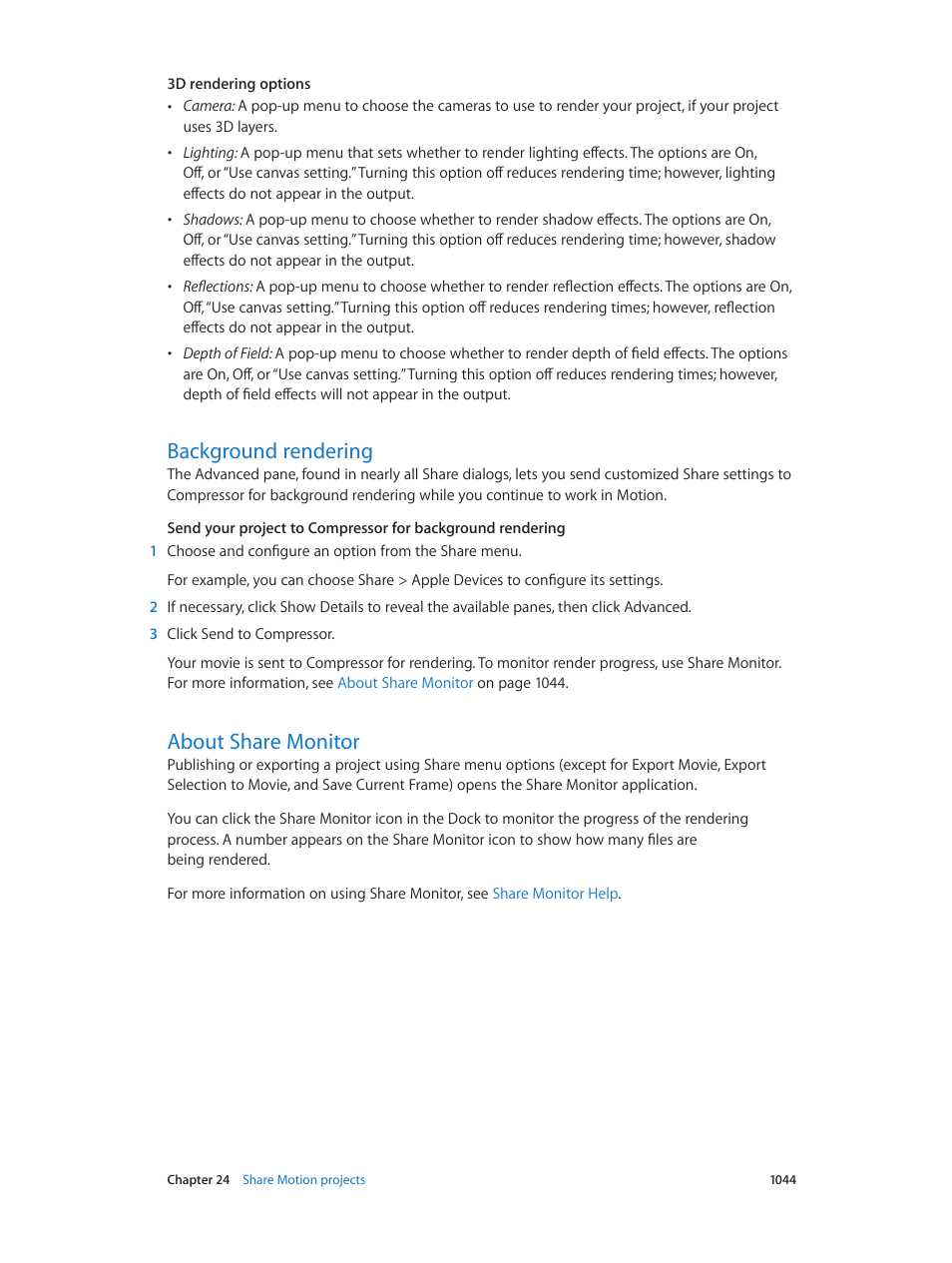 Background rendering, About share monitor, 1044 background rendering 1044 about share monitor | About share, Monitor | Apple Motion 5.1.1 User Manual | Page 1044 / 1090
