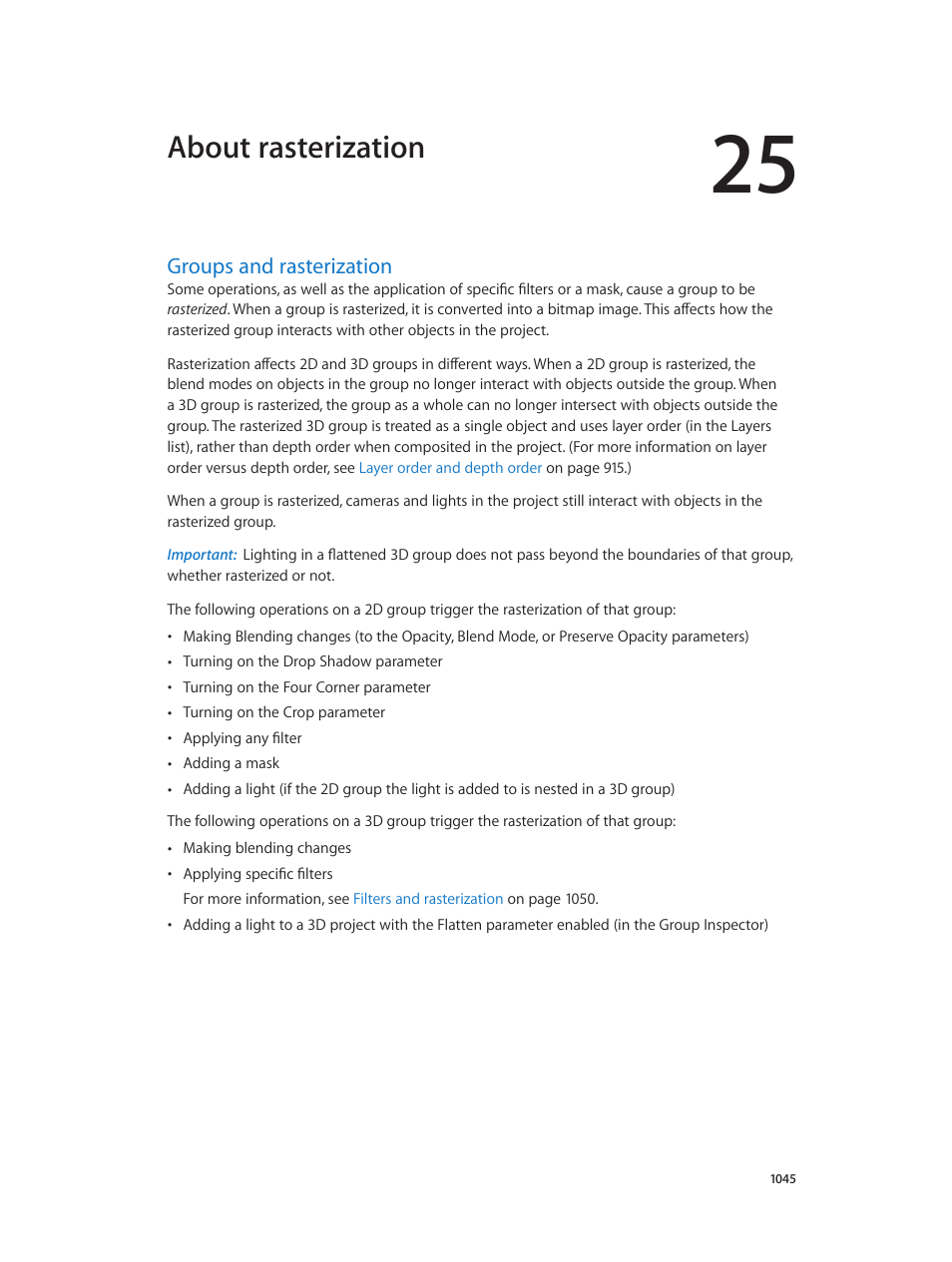 Chapter 25: about rasterization, Groups and rasterization, 1045 groups and rasterization | Groups, And rasterization, Groups and, Rasterization, About rasterization | Apple Motion 5.1.1 User Manual | Page 1045 / 1090