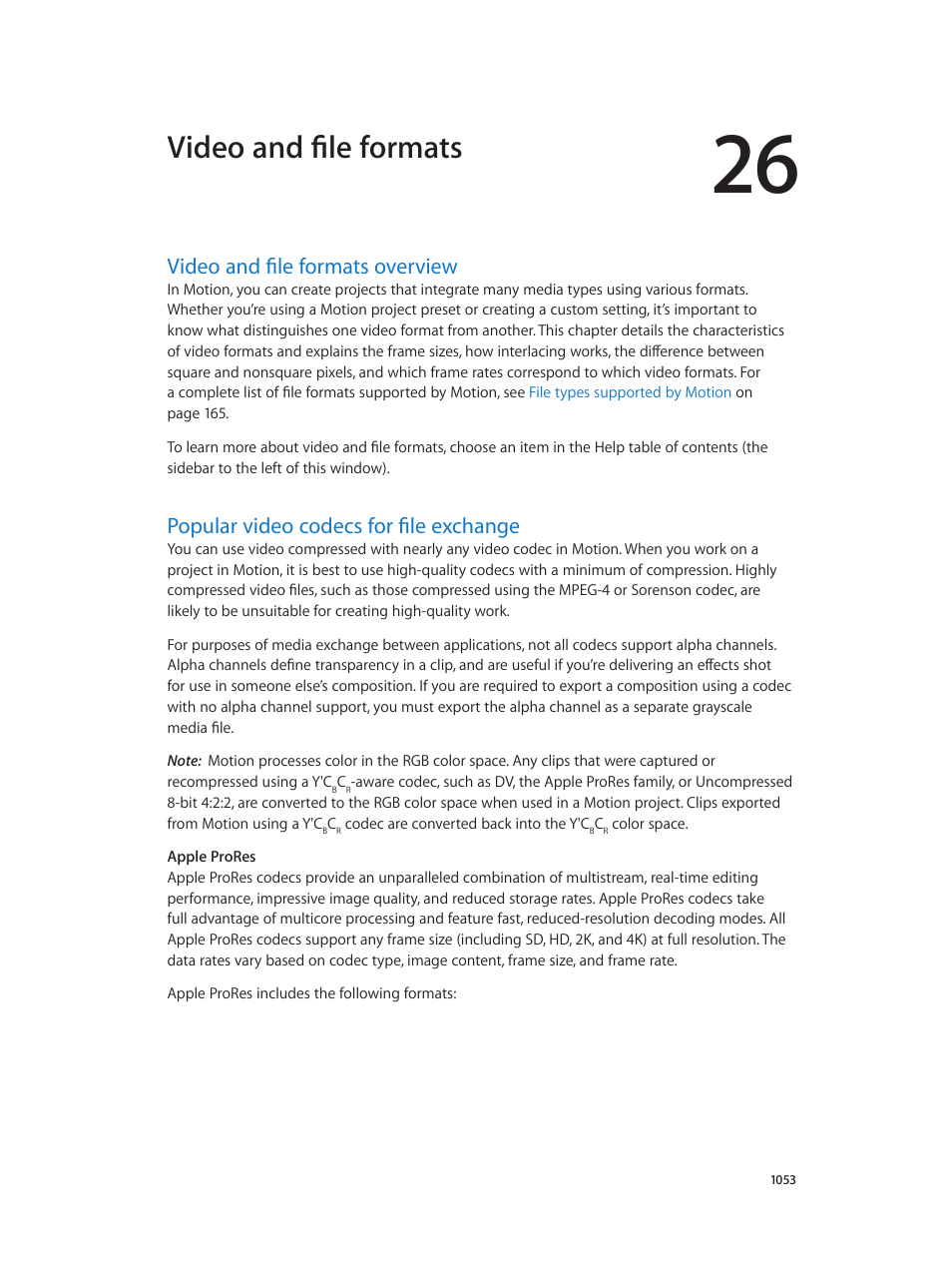Chapter 26: video and file formats, Video and file formats overview, Popular video codecs for file exchange | Video, And file formats overview, Video and file formats | Apple Motion 5.1.1 User Manual | Page 1053 / 1090
