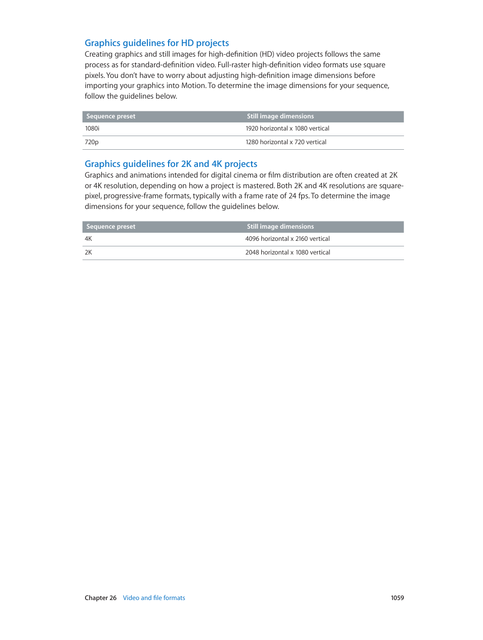 Graphics guidelines for hd projects, Graphics guidelines for 2k and 4k projects | Apple Motion 5.1.1 User Manual | Page 1059 / 1090