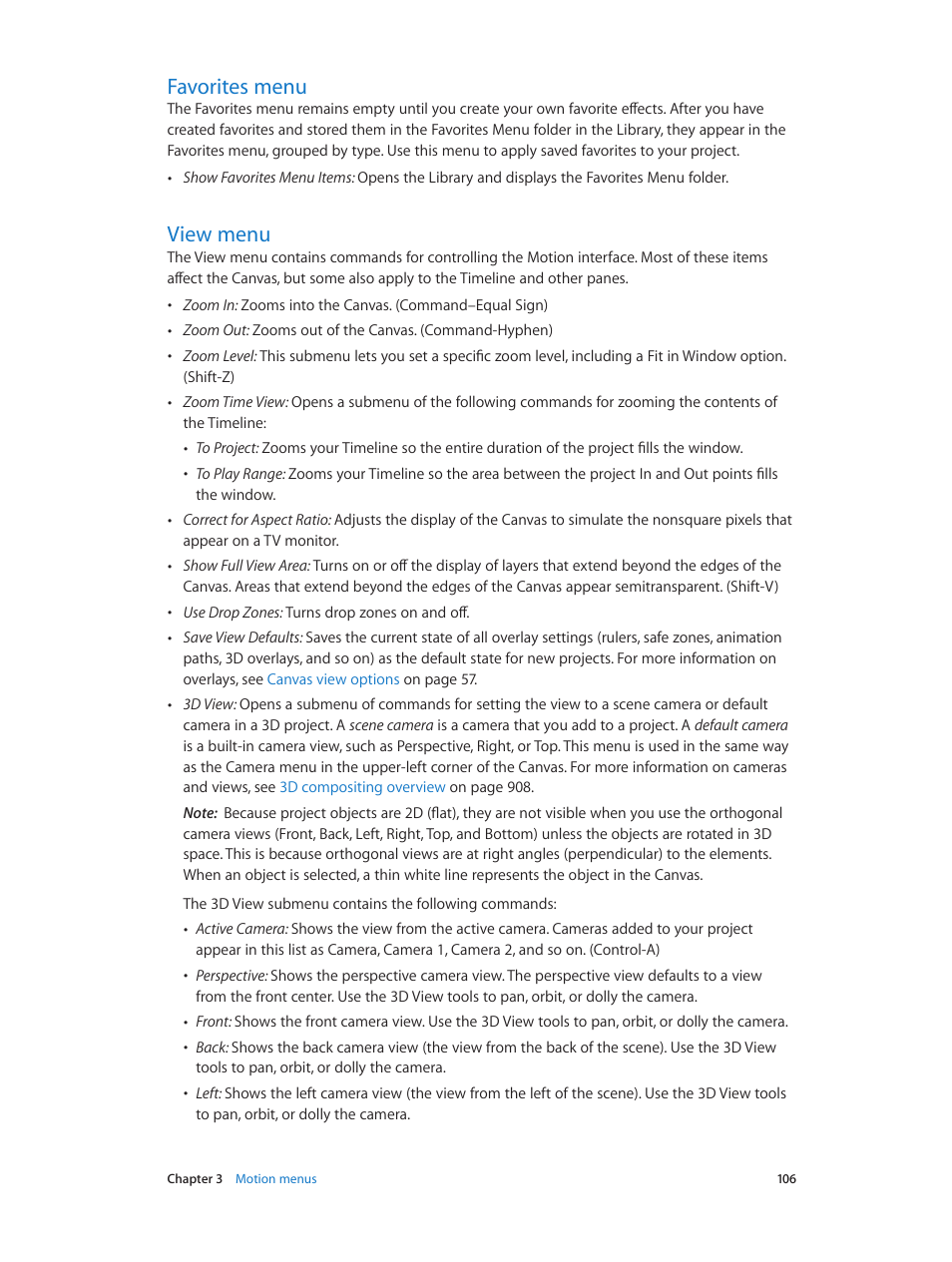 Favorites menu, View menu, 106 favorites menu 106 view menu | Apple Motion 5.1.1 User Manual | Page 106 / 1090