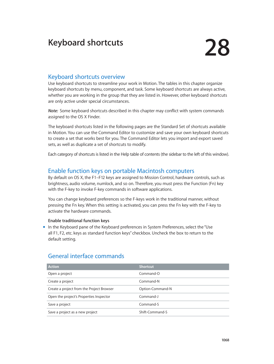Chapter 28: keyboard shortcuts, Keyboard shortcuts overview, General interface commands | Keyboard shortcuts | Apple Motion 5.1.1 User Manual | Page 1068 / 1090