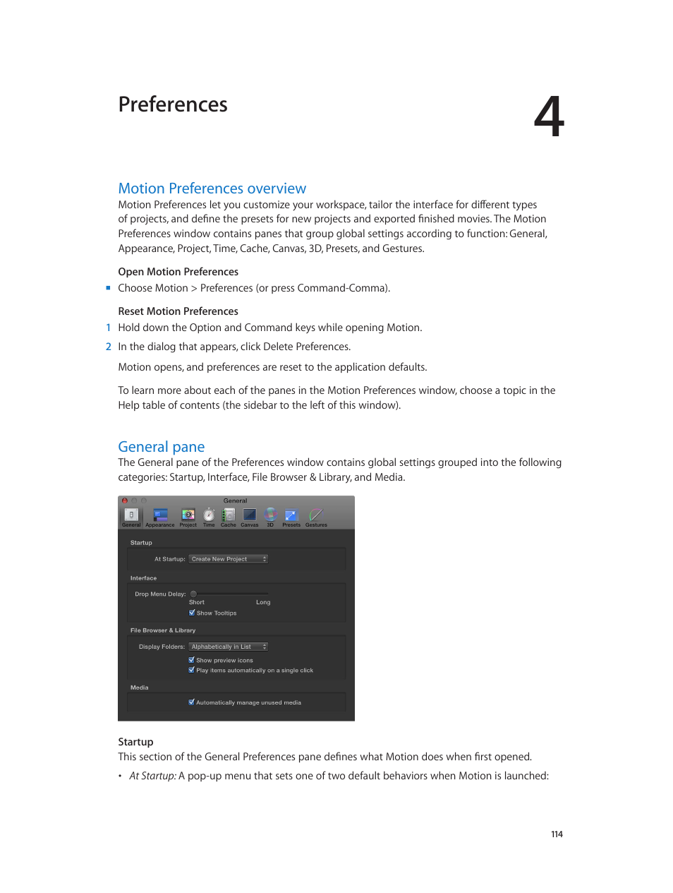 Chapter 4: preferences, Motion preferences overview, General pane | 114 motion preferences overview 114 general pane, 114 f, Preferences | Apple Motion 5.1.1 User Manual | Page 114 / 1090