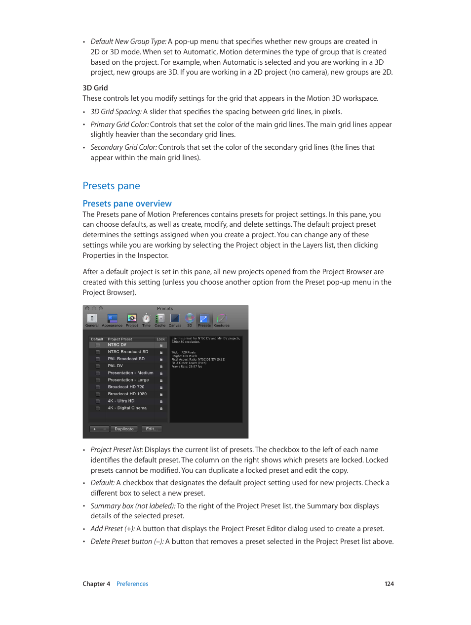Presets pane, Presets pane overview, 124 presets pane 124 | Apple Motion 5.1.1 User Manual | Page 124 / 1090