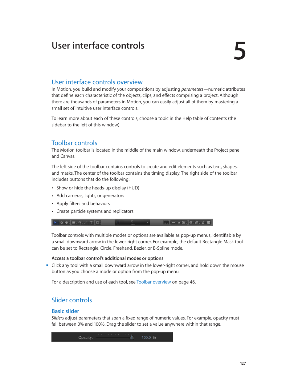 Chapter 5: user interface controls, User interface controls overview, Toolbar controls | Slider controls, Basic slider, User interface controls, Overview, Toolbar, Controls | Apple Motion 5.1.1 User Manual | Page 127 / 1090