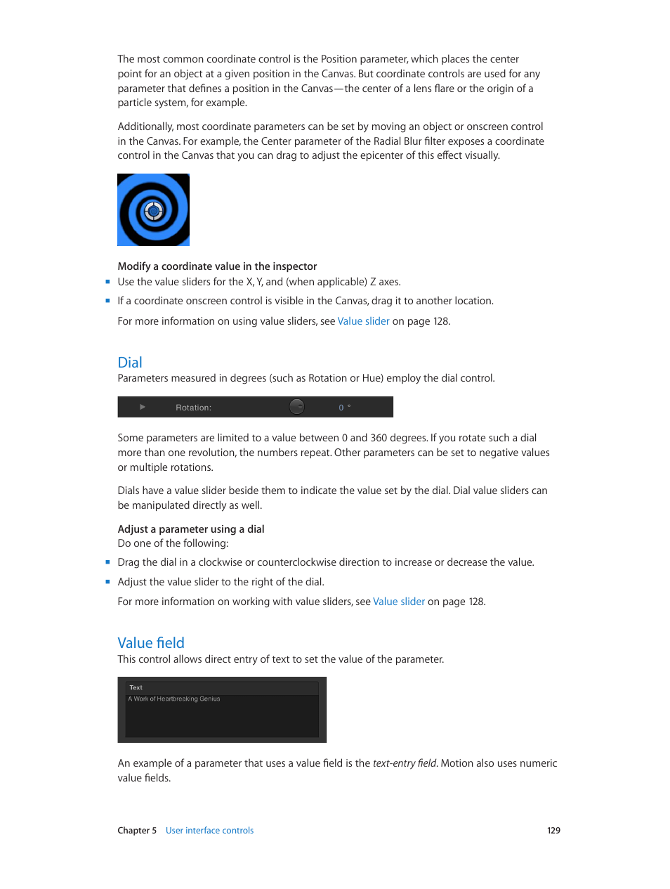 Dial, Value field, 129 dial 129 value field | Apple Motion 5.1.1 User Manual | Page 129 / 1090