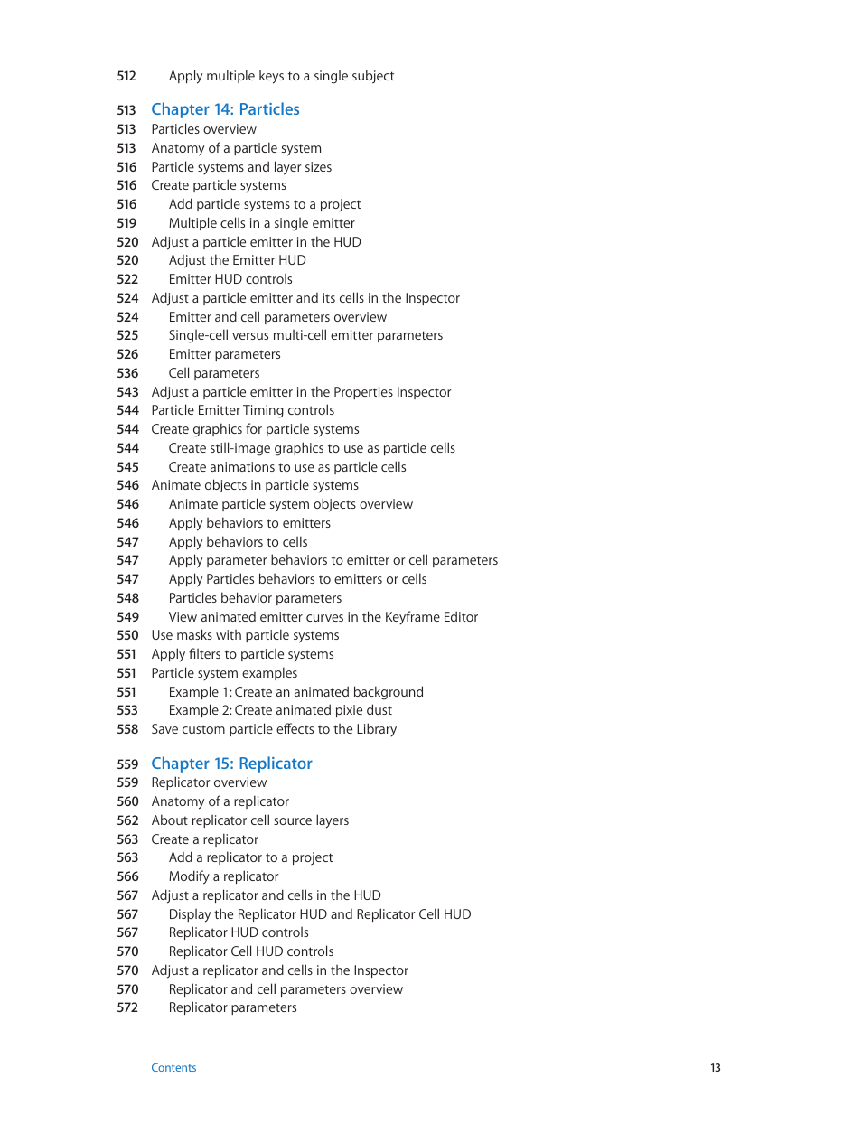 Chapter 14: particles, Chapter 15: replicator | Apple Motion 5.1.1 User Manual | Page 13 / 1090