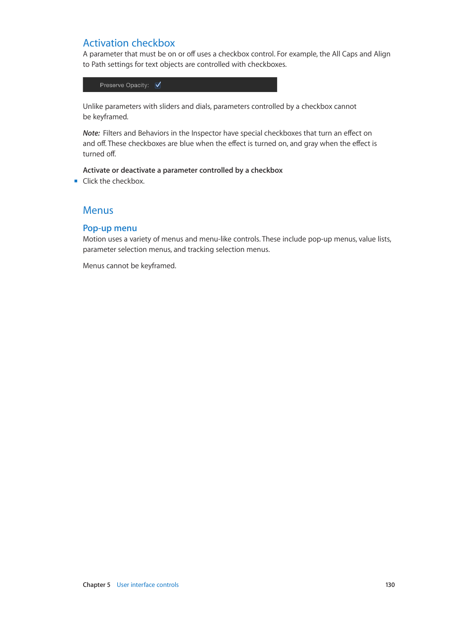 Activation checkbox, Menus, Pop-up menu | 130 activation checkbox 130 menus 130 | Apple Motion 5.1.1 User Manual | Page 130 / 1090