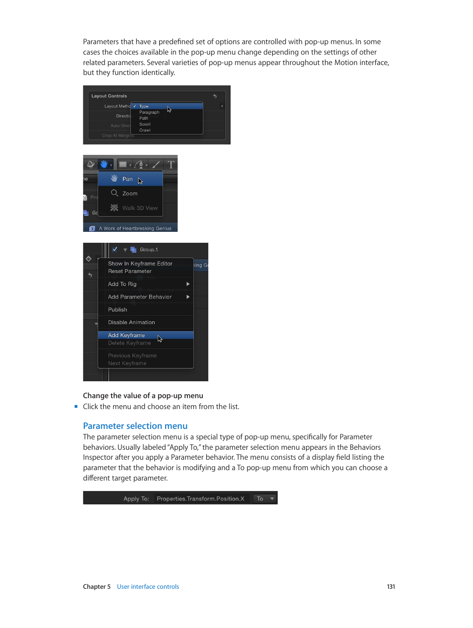 Parameter selection menu | Apple Motion 5.1.1 User Manual | Page 131 / 1090
