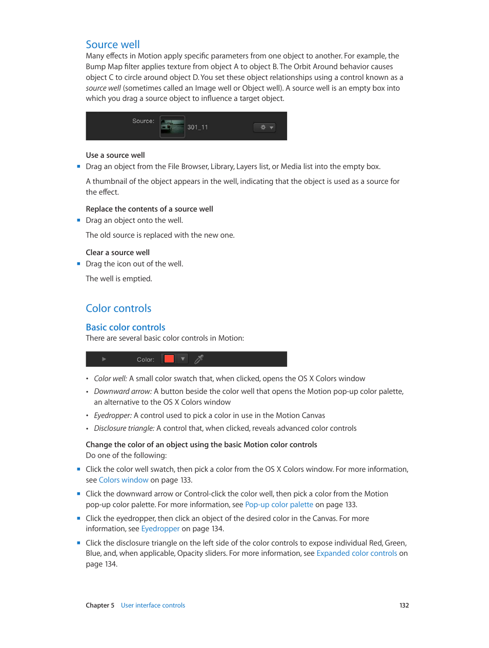 Source well, Color controls, Basic color controls | 132 source well 132 color controls 132 | Apple Motion 5.1.1 User Manual | Page 132 / 1090