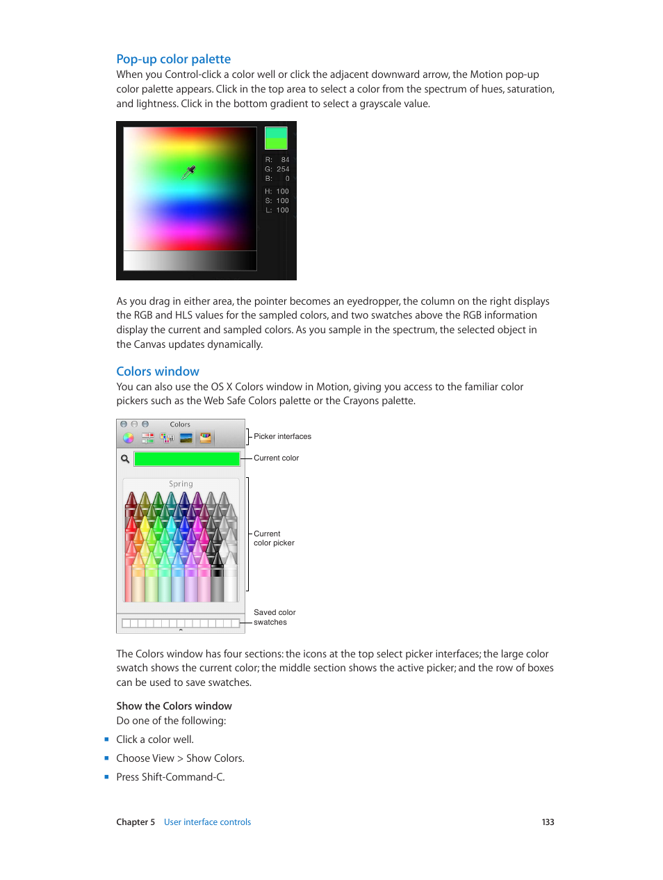 Pop-up color palette, Colors window | Apple Motion 5.1.1 User Manual | Page 133 / 1090