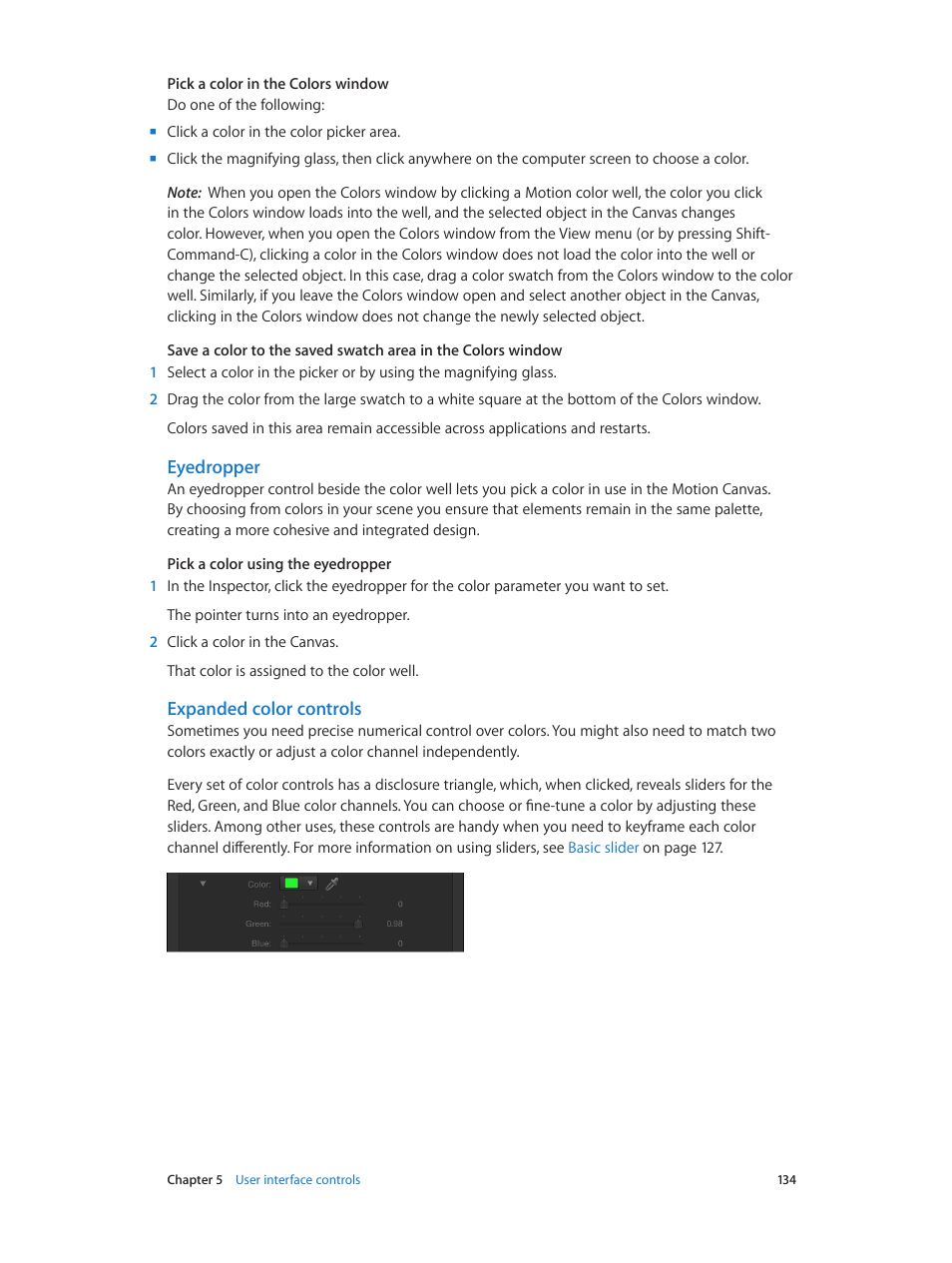 Eyedropper, Expanded color controls | Apple Motion 5.1.1 User Manual | Page 134 / 1090