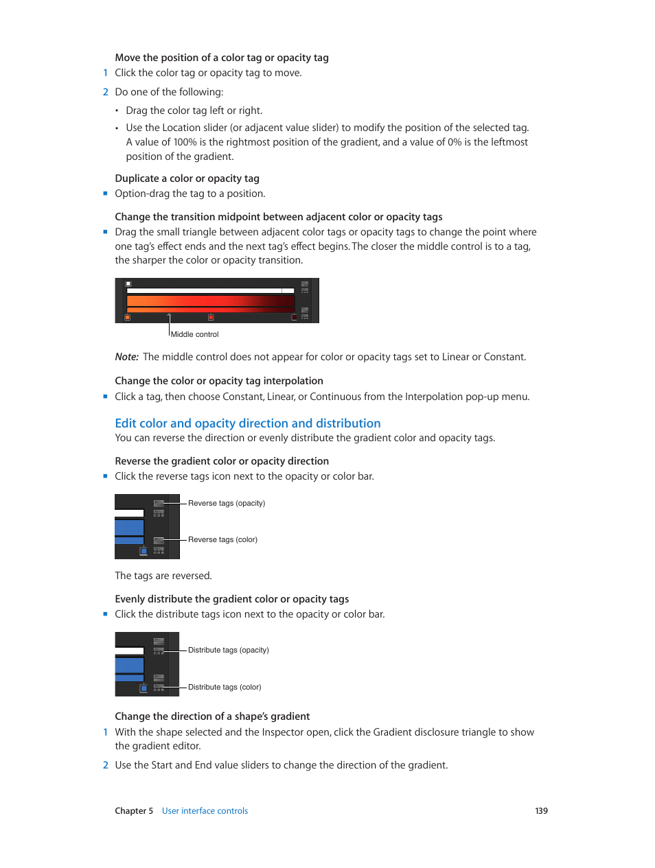 Edit color and opacity direction and distribution | Apple Motion 5.1.1 User Manual | Page 139 / 1090