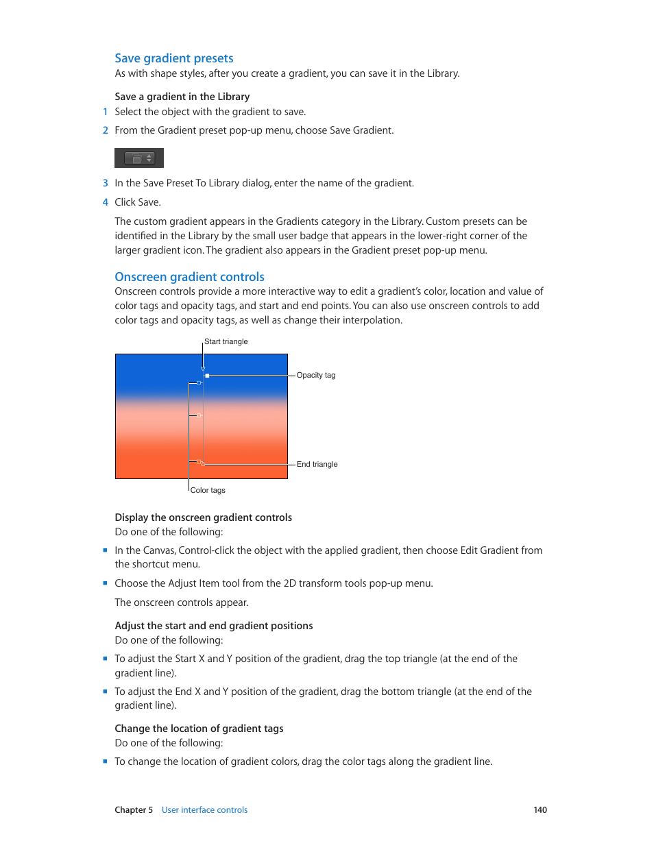 Save gradient presets, Onscreen gradient controls | Apple Motion 5.1.1 User Manual | Page 140 / 1090