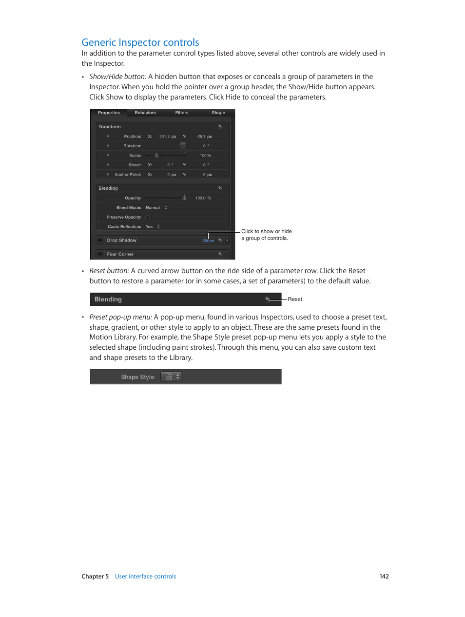 Generic inspector controls, 142 generic inspector controls | Apple Motion 5.1.1 User Manual | Page 142 / 1090
