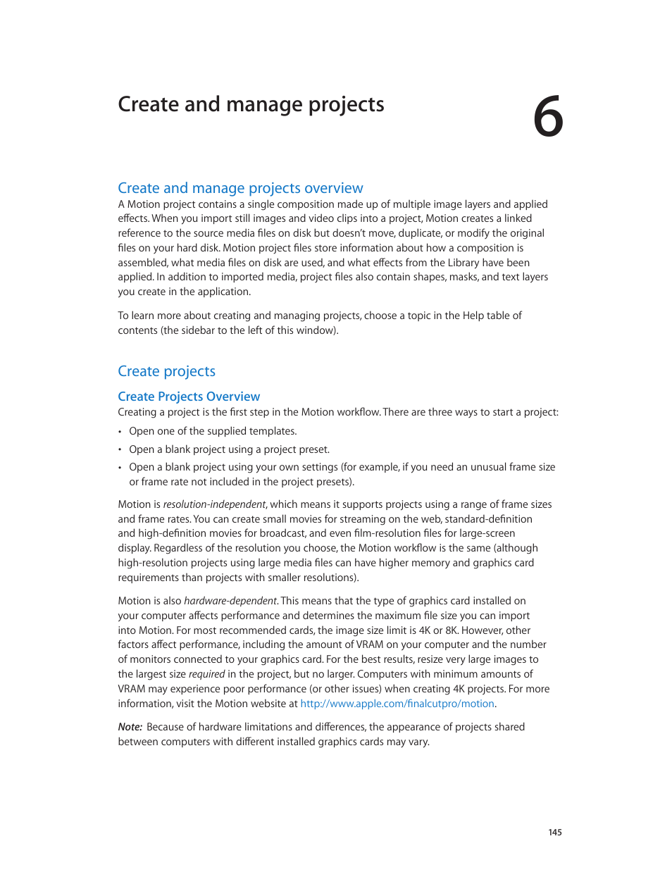 Chapter 6: create and manage projects, Create and manage projects overview, Create projects | Create projects overview, Create and manage projects, Overview | Apple Motion 5.1.1 User Manual | Page 145 / 1090