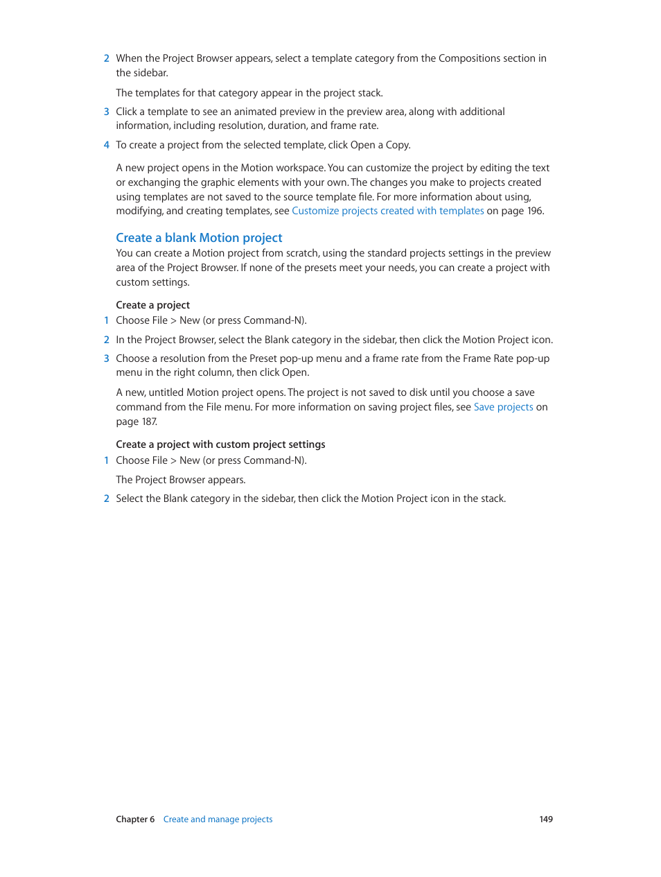 Create a blank motion project, Create a blank motion, Project | Create a blank, Motion project, 149 and | Apple Motion 5.1.1 User Manual | Page 149 / 1090