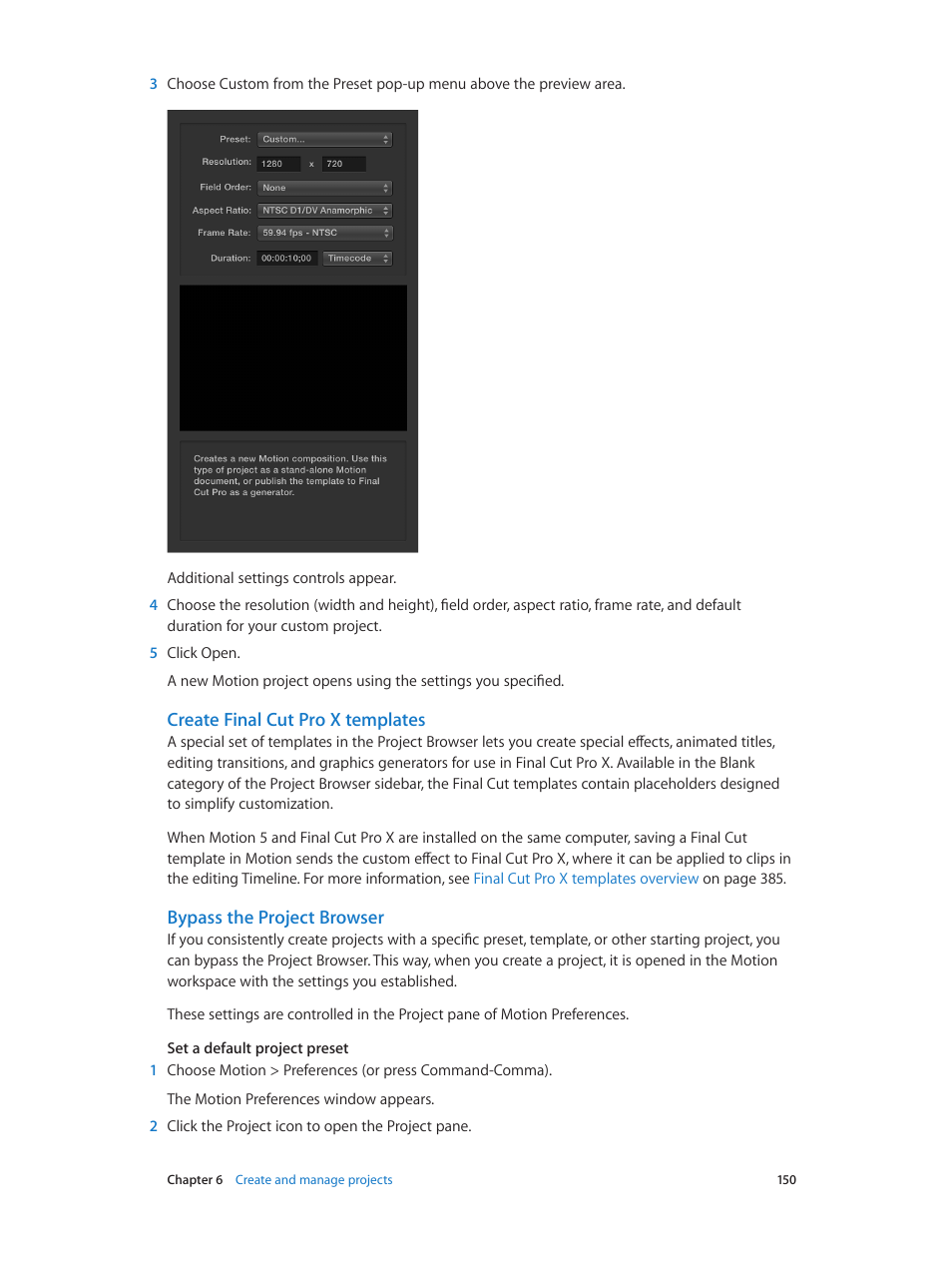 Create final cut pro x templates, Bypass the project browser | Apple Motion 5.1.1 User Manual | Page 150 / 1090