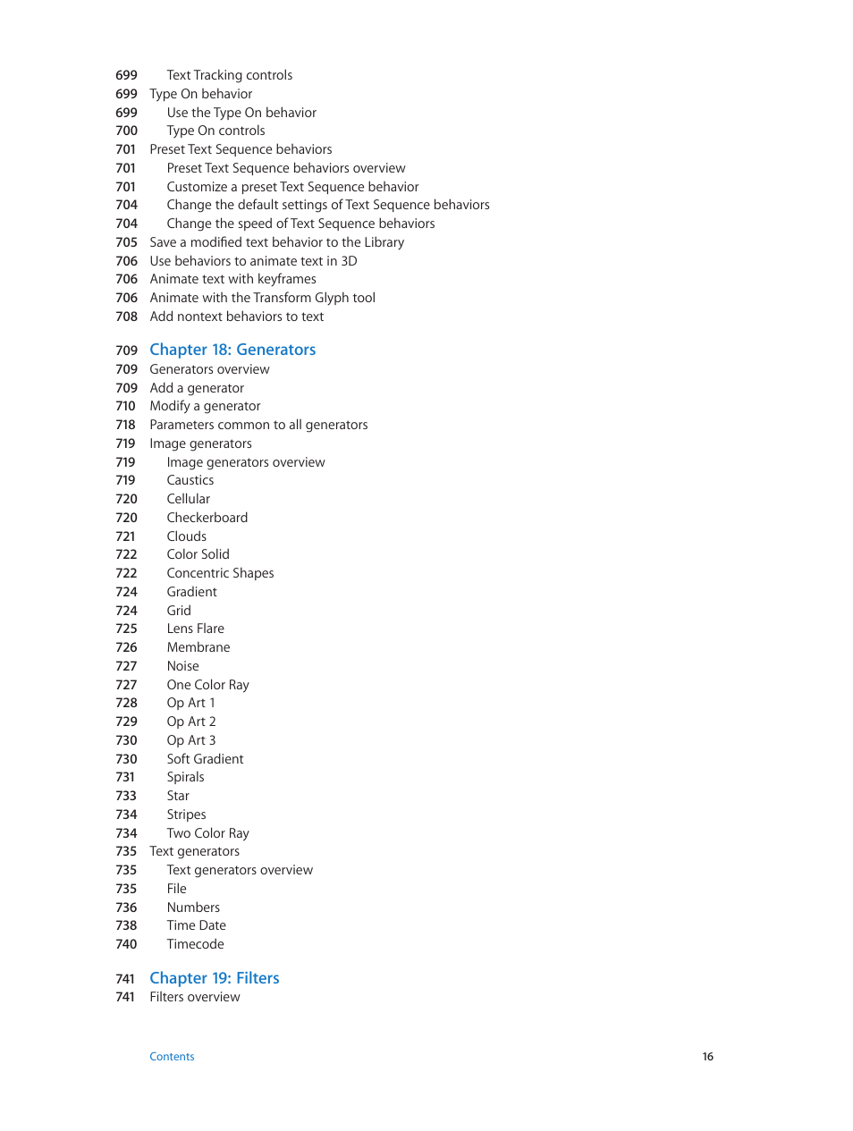 Chapter 18: generators, Chapter 19: filters | Apple Motion 5.1.1 User Manual | Page 16 / 1090