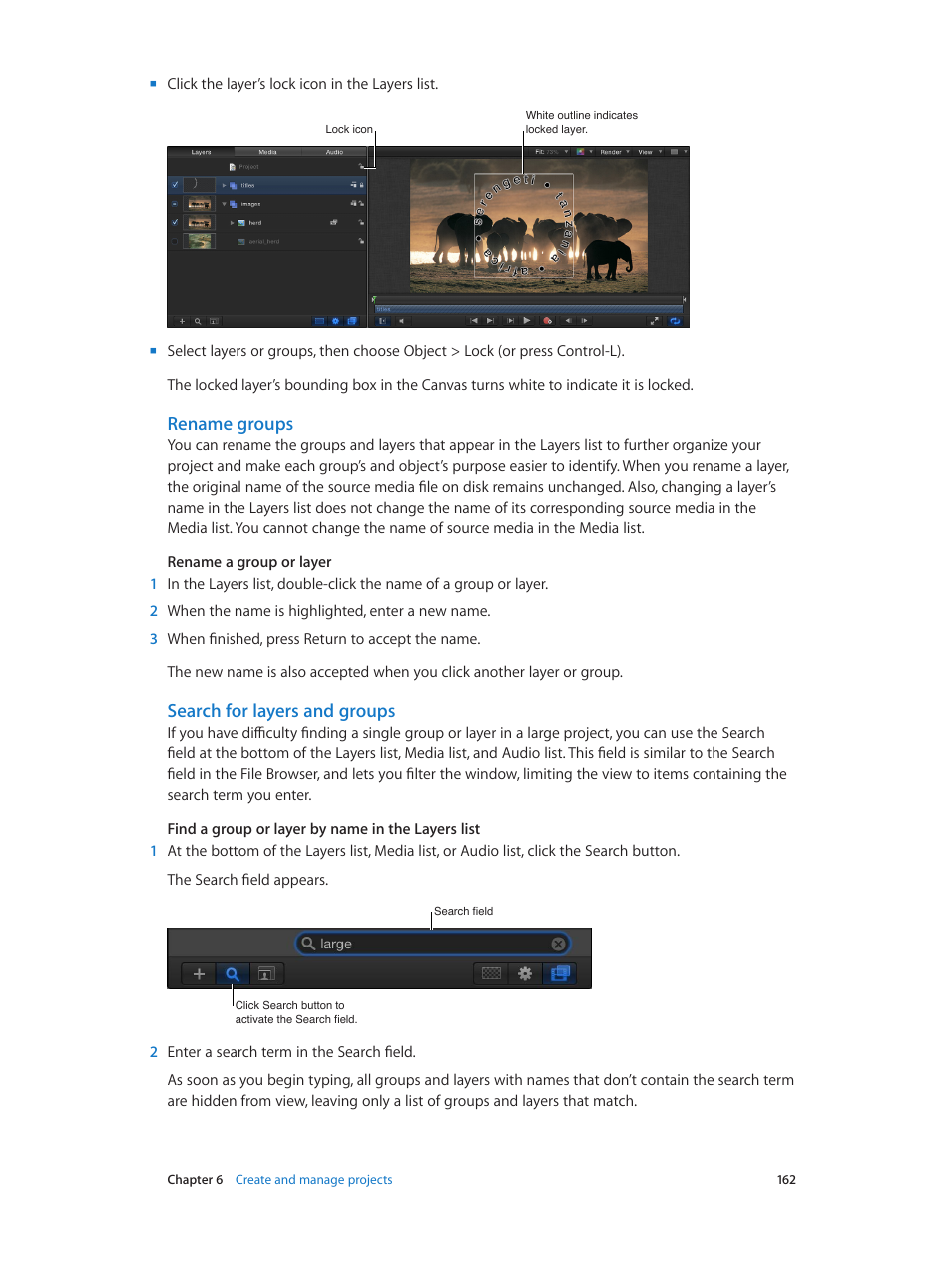 Rename groups, Search for layers and groups | Apple Motion 5.1.1 User Manual | Page 162 / 1090