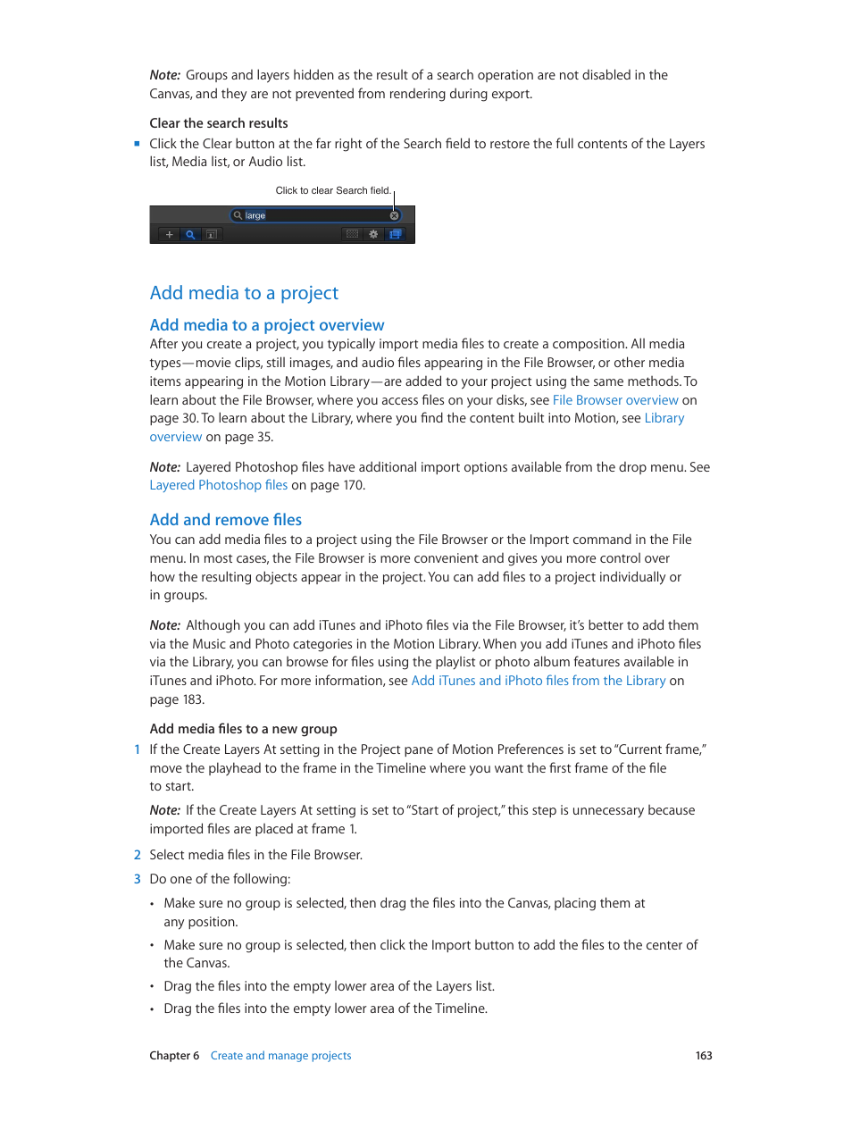 Add media to a project, Add media to a project overview, Add and remove files | 163 add media to a project 163 | Apple Motion 5.1.1 User Manual | Page 163 / 1090