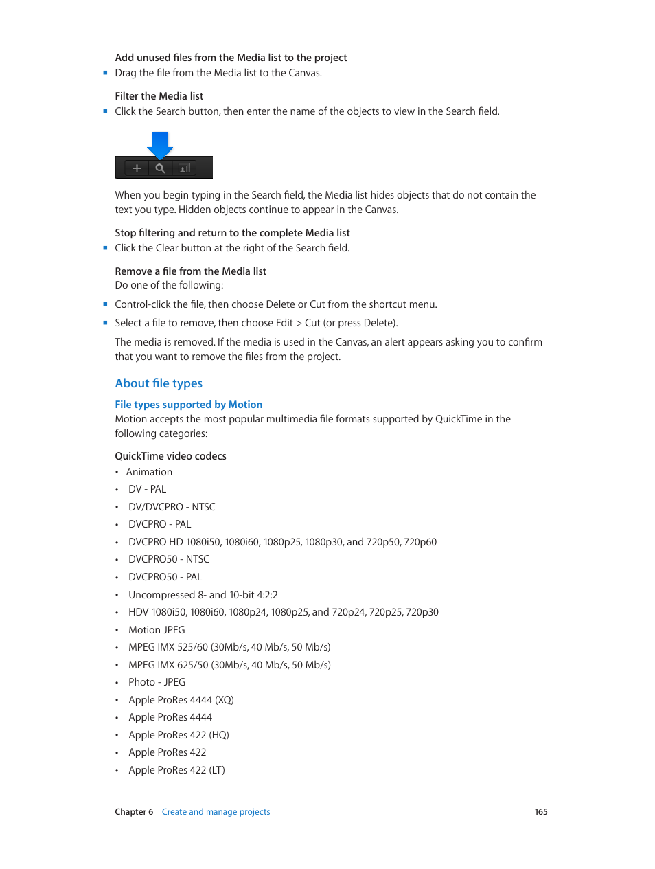 About file types, File types supported by motion | Apple Motion 5.1.1 User Manual | Page 165 / 1090