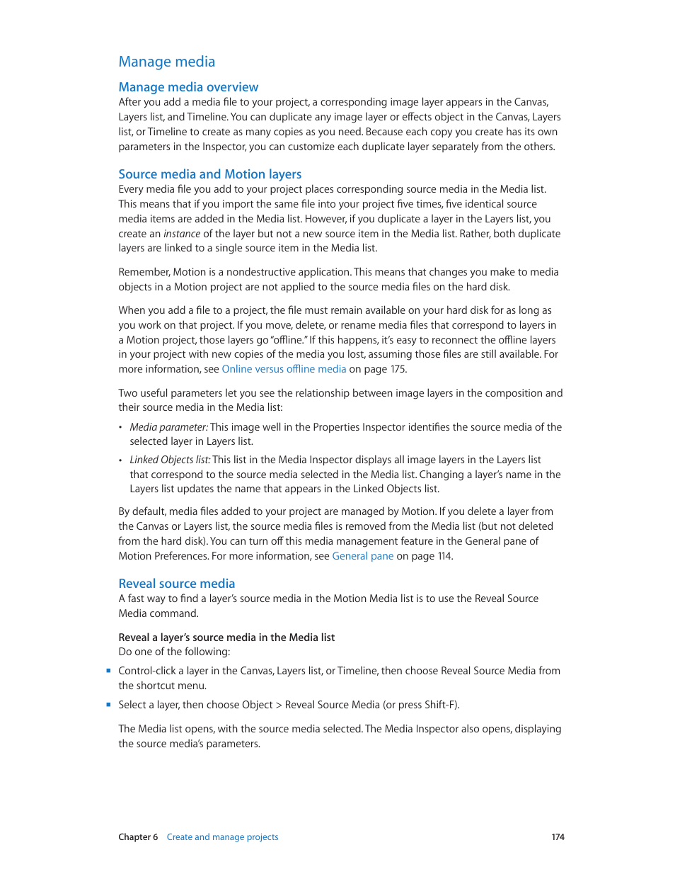 Manage media, Manage media overview, Source media and motion layers | Reveal source media, 174 manage media 174 | Apple Motion 5.1.1 User Manual | Page 174 / 1090