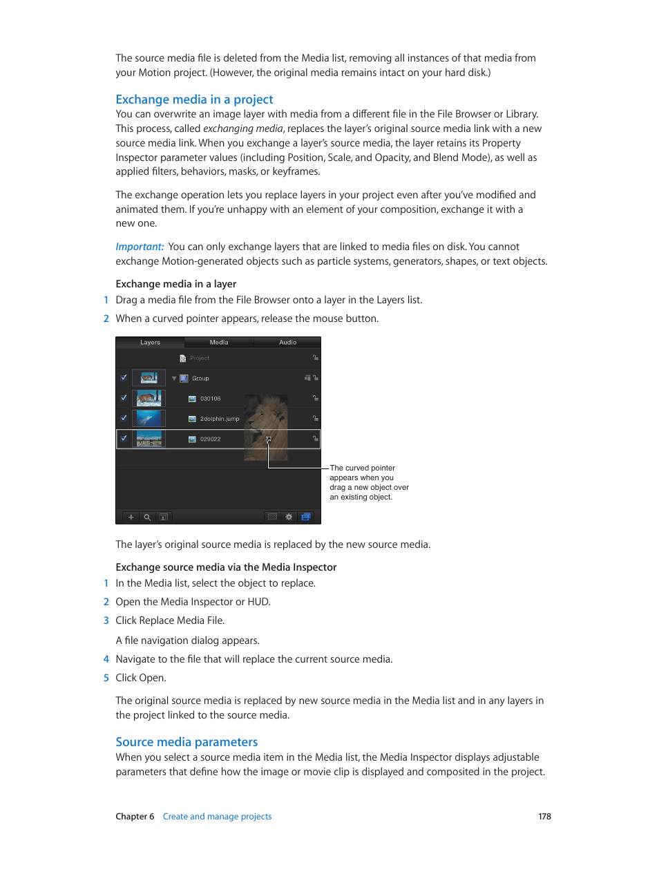 Exchange media in a project, Source media parameters | Apple Motion 5.1.1 User Manual | Page 178 / 1090