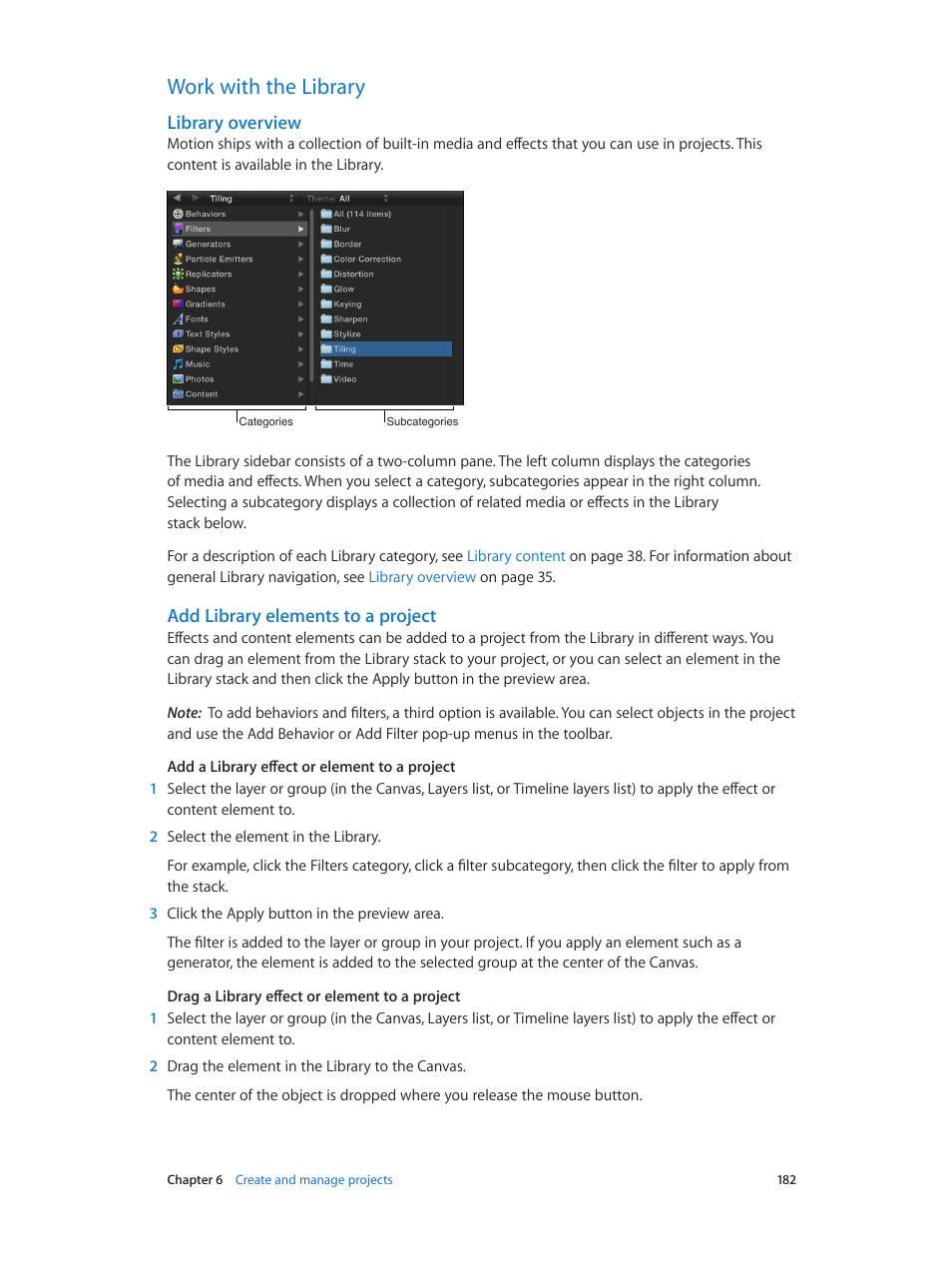 Work with the library, Library overview, Add library elements to a project | 182 work with the library 182, Library elements to a project, Add library elements to a, Project | Apple Motion 5.1.1 User Manual | Page 182 / 1090