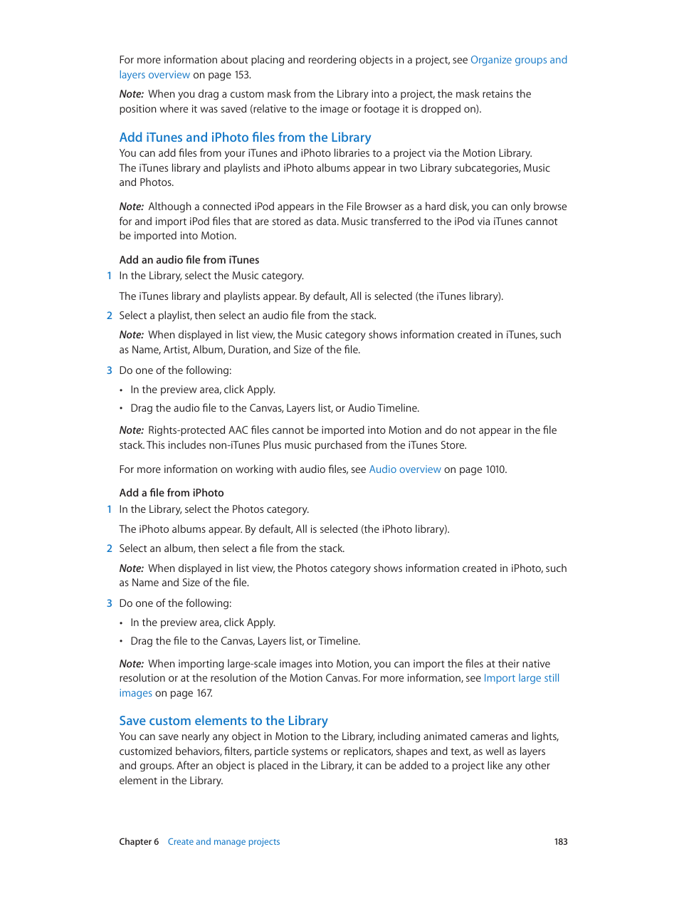 Add itunes and iphoto files from the library, Save custom elements to the library, Add itunes and iphoto files from the | Library | Apple Motion 5.1.1 User Manual | Page 183 / 1090