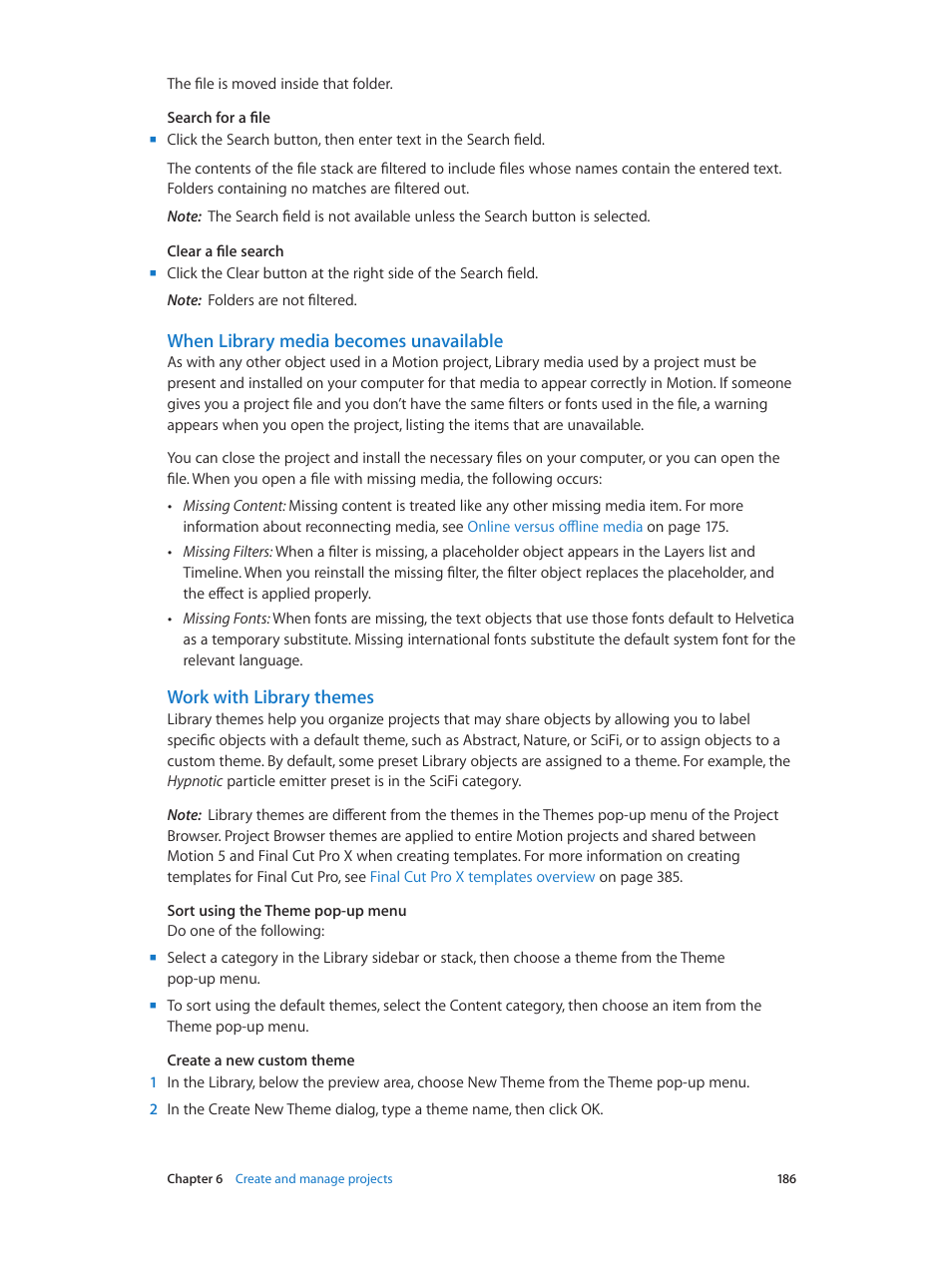 When library media becomes unavailable, Work with library themes | Apple Motion 5.1.1 User Manual | Page 186 / 1090