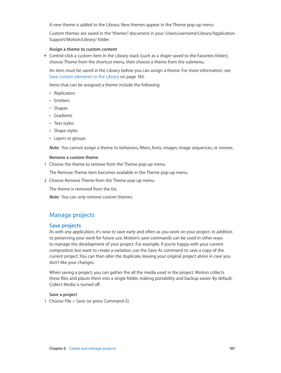 Manage projects, Save projects, 187 manage projects 187 | Apple Motion 5.1.1 User Manual | Page 187 / 1090