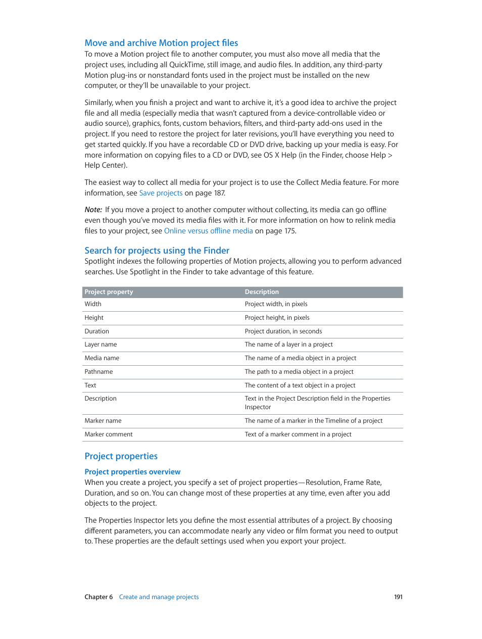 Move and archive motion project files, Search for projects using the finder, Project properties | Project properties overview | Apple Motion 5.1.1 User Manual | Page 191 / 1090