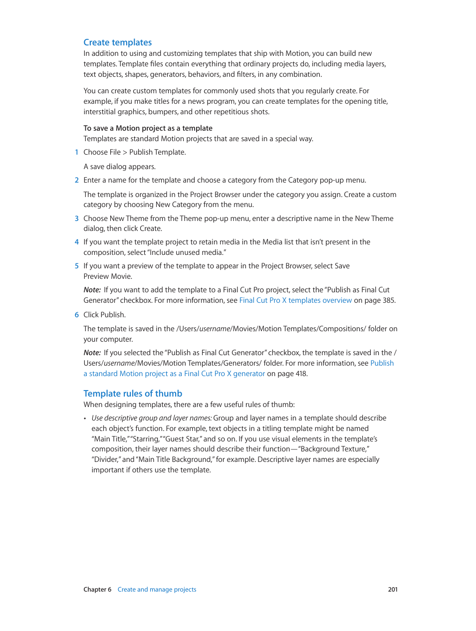 Create templates, Template rules of thumb | Apple Motion 5.1.1 User Manual | Page 201 / 1090