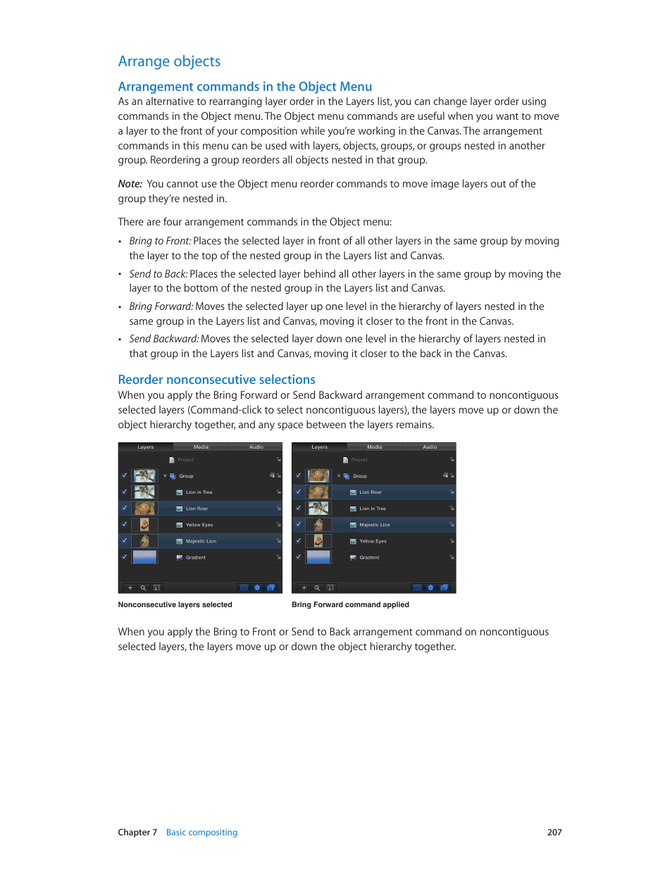 Arrange objects, Arrangement commands in the object menu, Reorder nonconsecutive selections | 207 arrange objects 207, Arrangement commands in the object, Menu | Apple Motion 5.1.1 User Manual | Page 207 / 1090