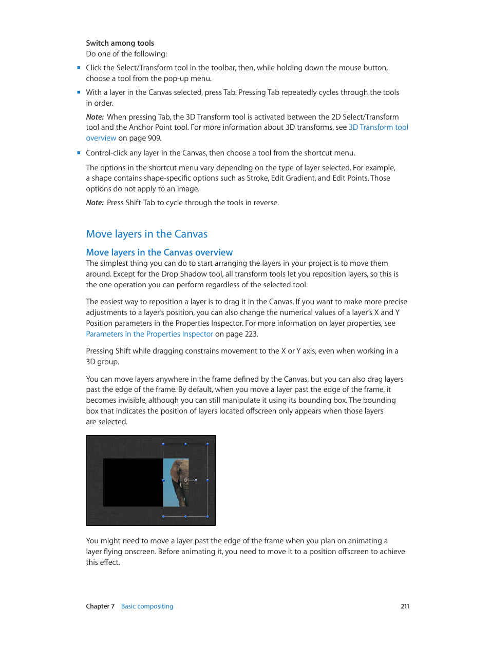 Move layers in the canvas, Move layers in the canvas overview, 211 move layers in the canvas 211 | Apple Motion 5.1.1 User Manual | Page 211 / 1090