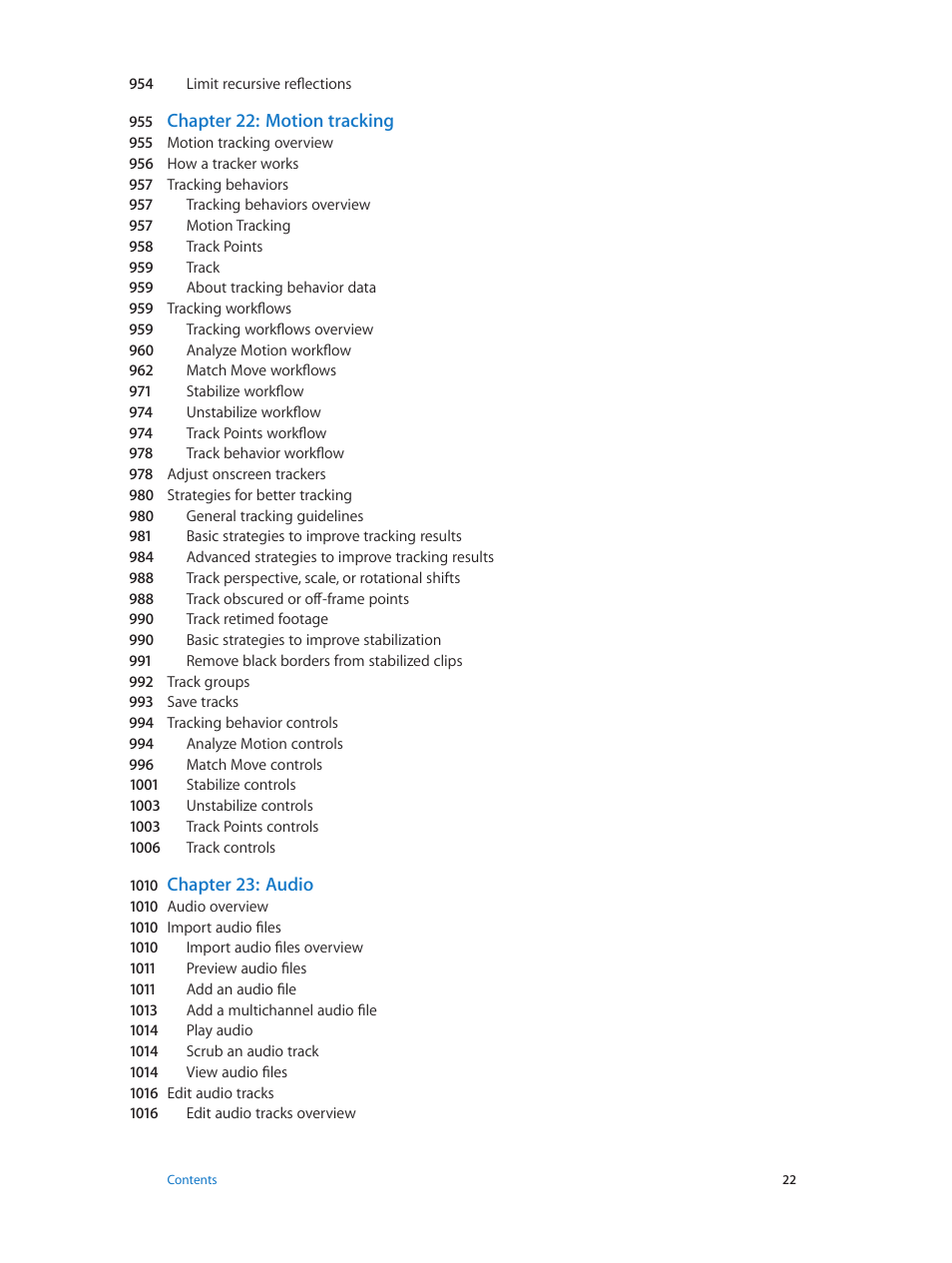 Chapter 22: motion tracking, Chapter 23: audio | Apple Motion 5.1.1 User Manual | Page 22 / 1090