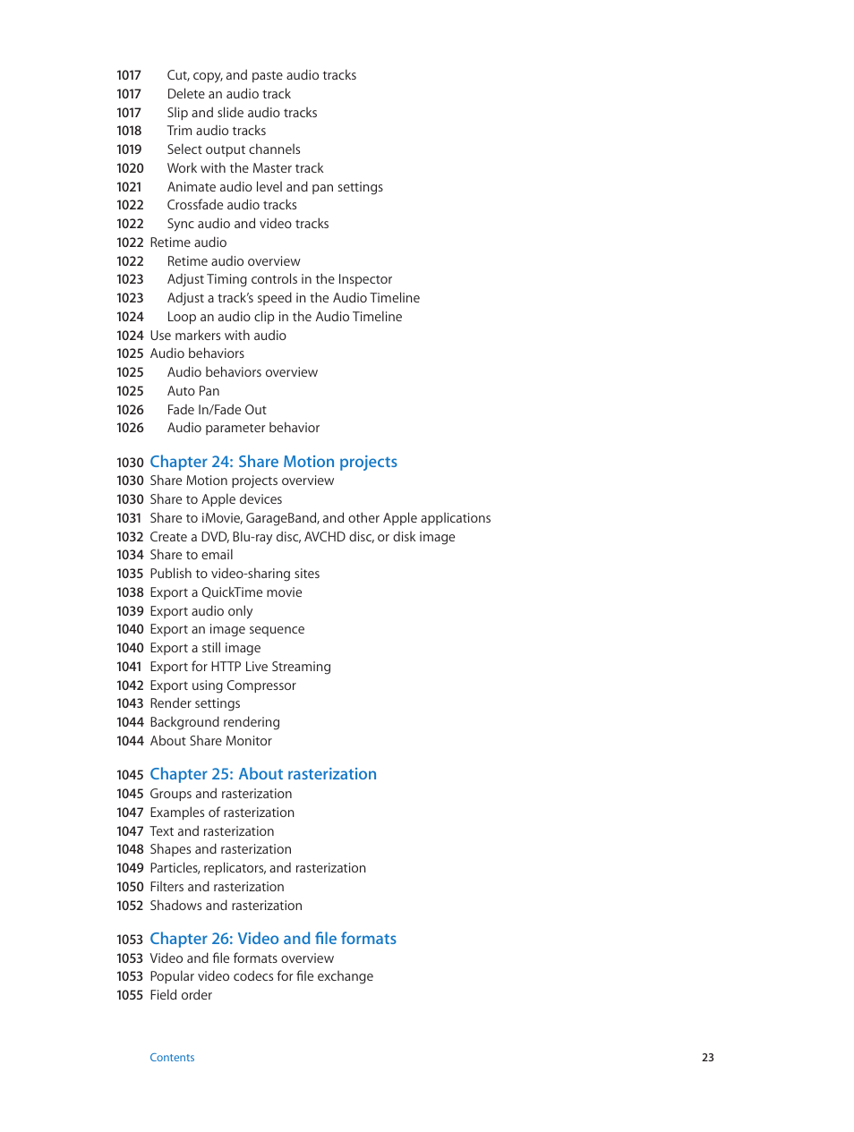 Chapter 24: share motion projects, Chapter 25: about rasterization, Chapter 26: video and file formats | Apple Motion 5.1.1 User Manual | Page 23 / 1090