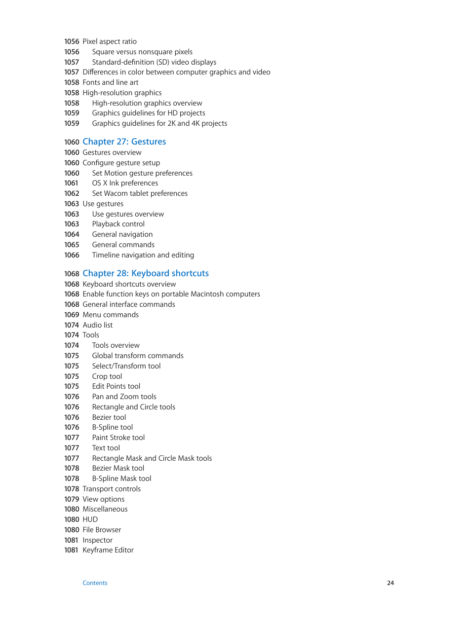 Chapter 27: gestures, Chapter 28: keyboard shortcuts | Apple Motion 5.1.1 User Manual | Page 24 / 1090