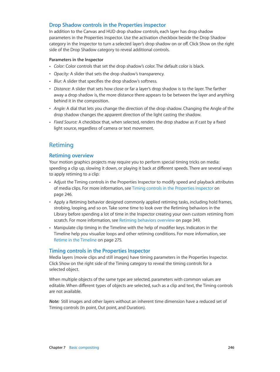 Drop shadow controls in the properties inspector, Retiming, Retiming overview | Timing controls in the properties inspector, 246 retiming 246, Overview | Apple Motion 5.1.1 User Manual | Page 246 / 1090