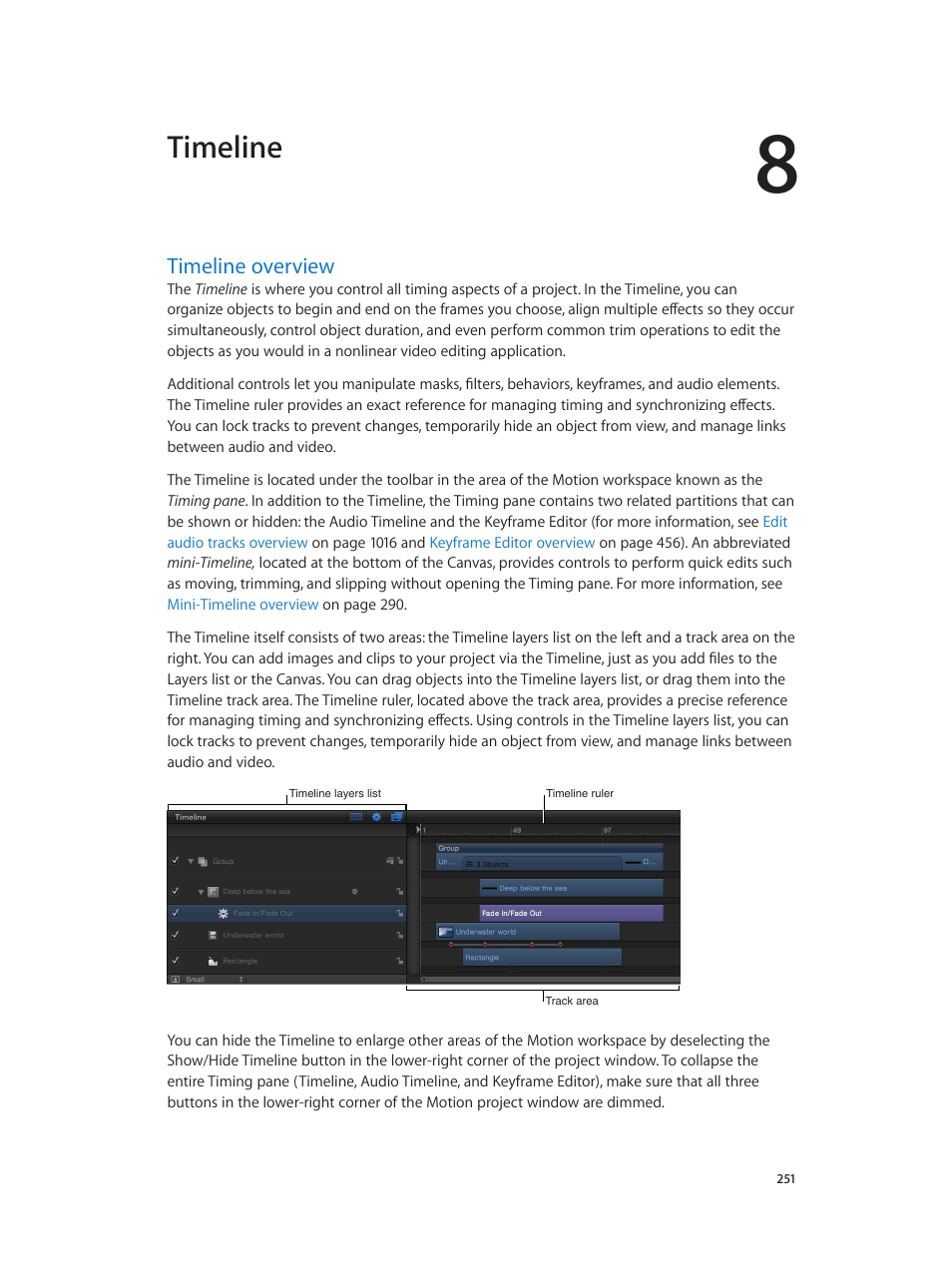 Chapter 8: timeline, Timeline overview, 251 timeline overview | Timeline | Apple Motion 5.1.1 User Manual | Page 251 / 1090
