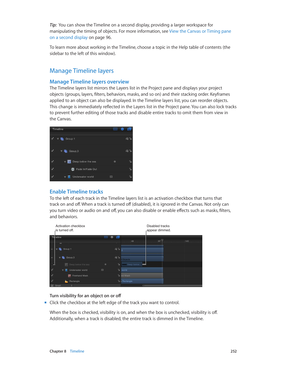 Manage timeline layers, Manage timeline layers overview, Enable timeline tracks | 252 manage timeline layers 252 | Apple Motion 5.1.1 User Manual | Page 252 / 1090